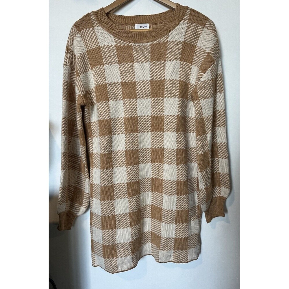 LPA Tan Floyd Checkered Sweater Mini Dress Size XS - Picture 3 of 11
